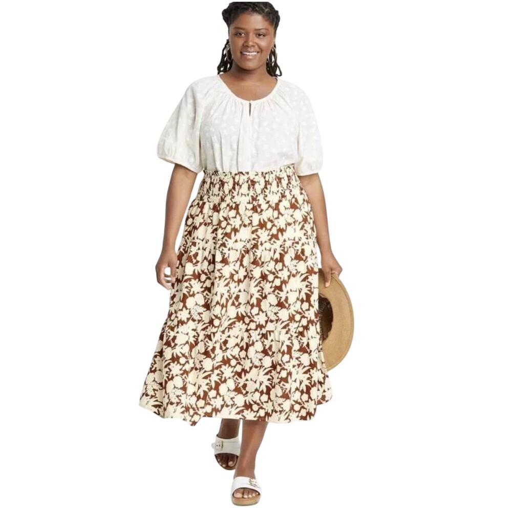 Universal Thread Floral Tiered Midi Skirt, Burnt Orange & Cream, Plus Size 4XL